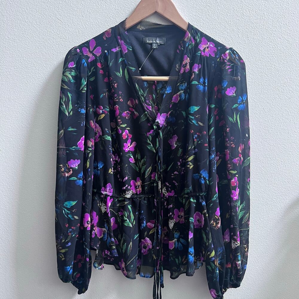 Nicole Miller Floral Printed V-Neck Sheer Puff‎ Sleeve Black Purple Career Top